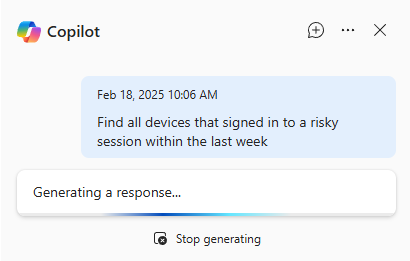 Screenshot of Security Copilot in advanced hunting showing generated query results with Add and run and Add to editor options.