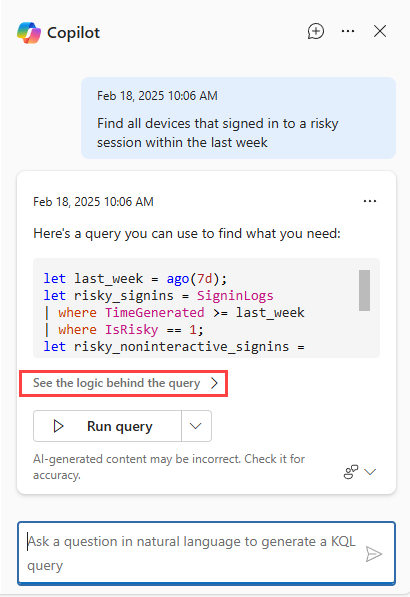 Screenshot of Security Copilot option to see the logic behind the query.