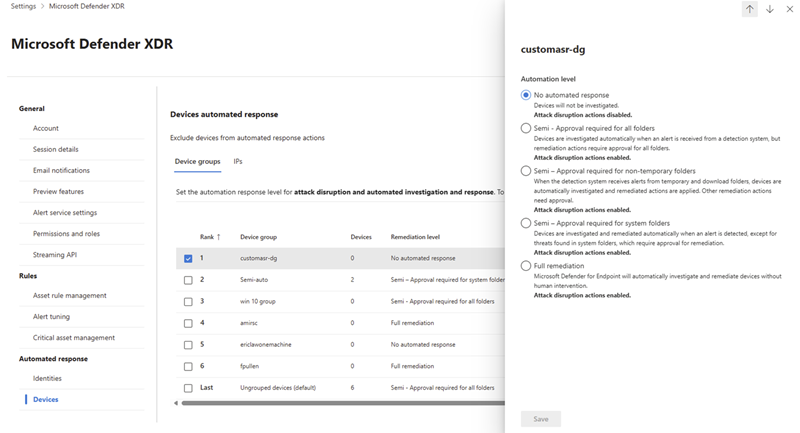 Screenshot of the flyout pane for configuring device group automation levels