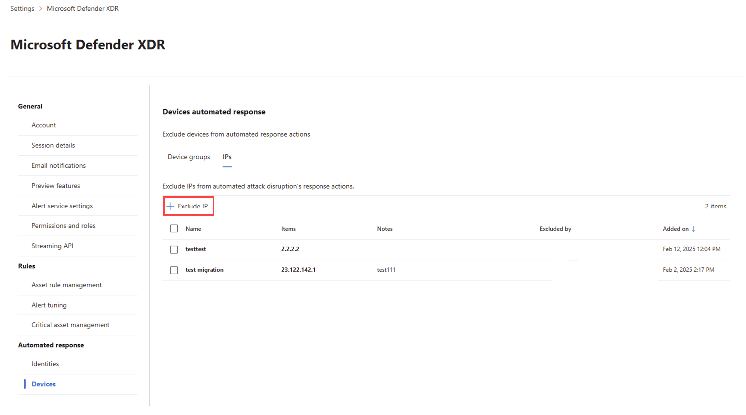 Screenshot of the IPs tab in automated response settings for attack disruption