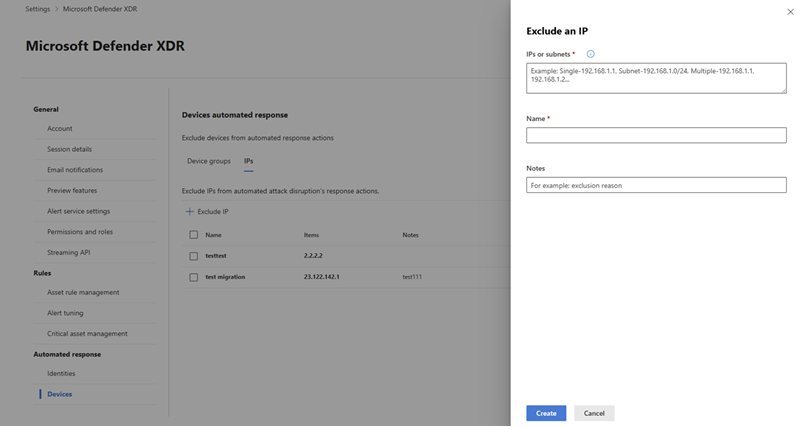 Screenshot of the flyout pane for adding IP address exclusions