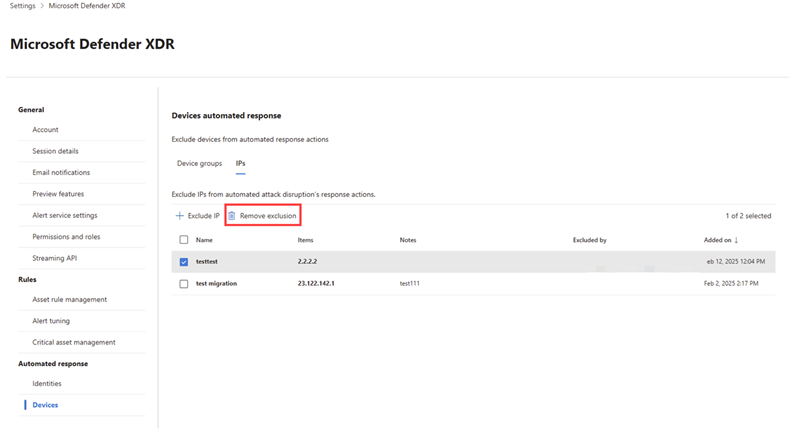 Screenshot of the remove exclusion option for an IP in the IPs tab