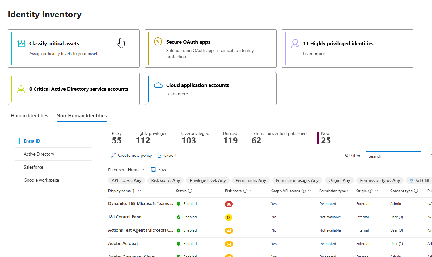 Screenshot that shows the non-human identities page in the Defender portal.