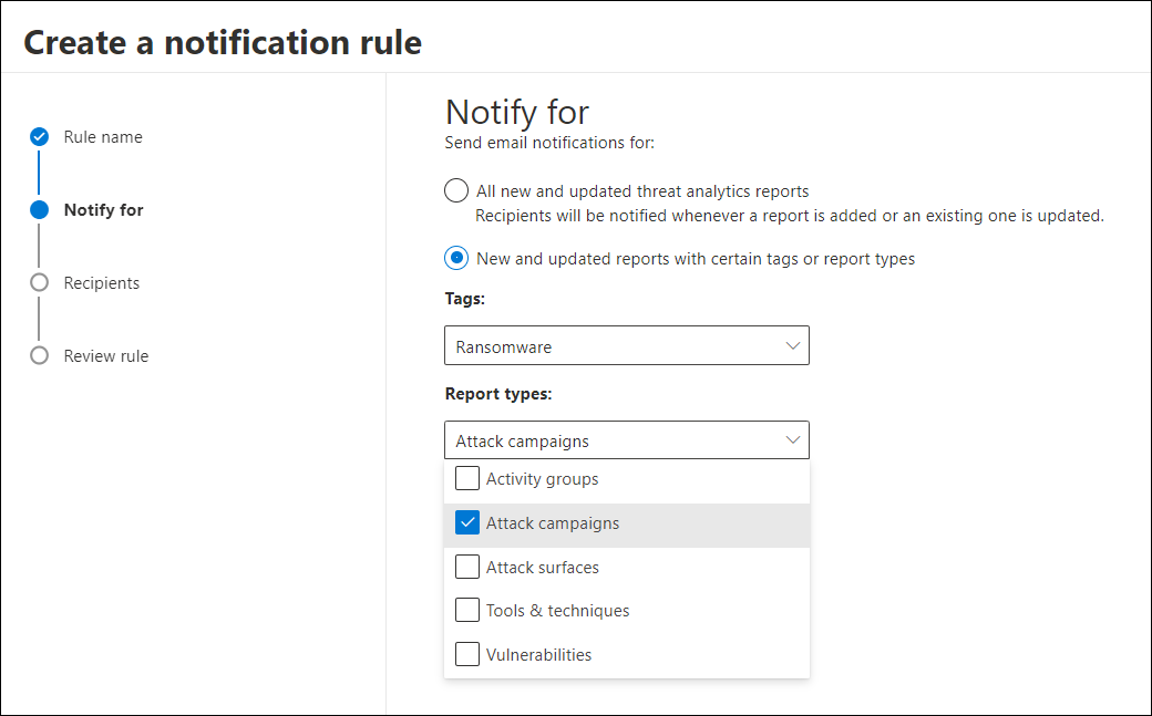 Screenshot of the notification configuration step with Ransomware tags selected and notification types available for selection
