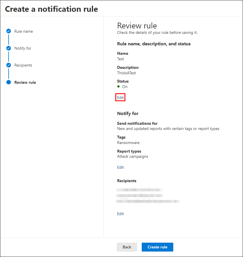 Screenshot of the review step showing the option to edit the notification rule before creation