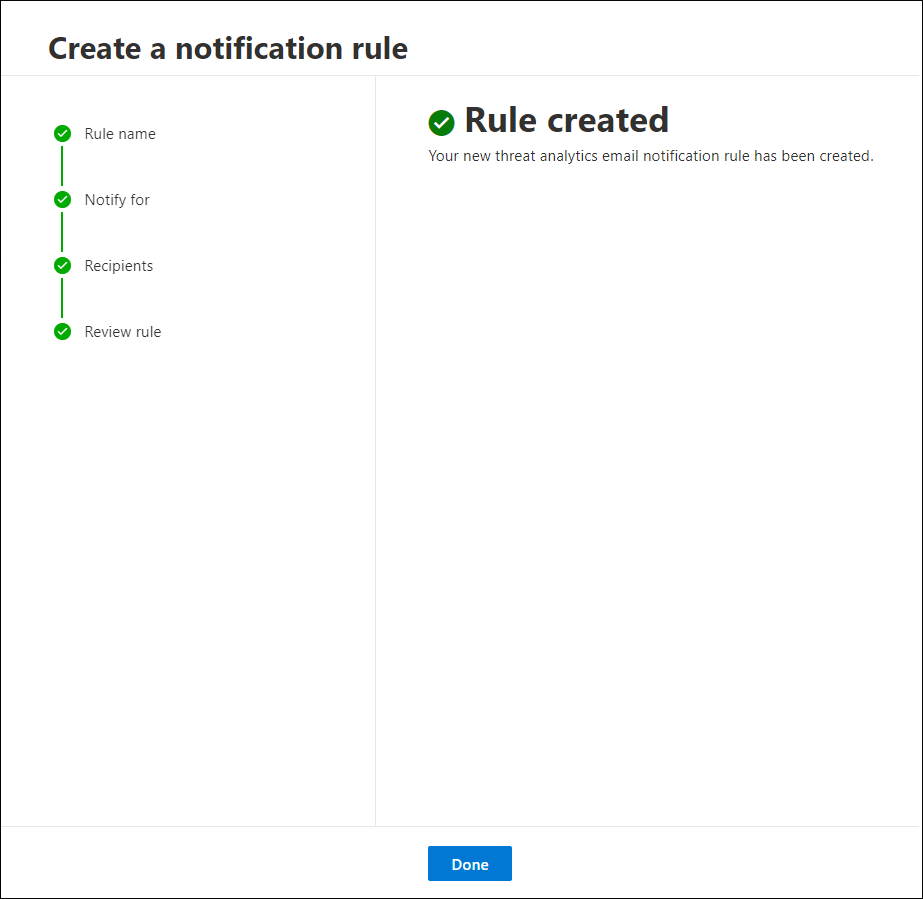 Screenshot of the rule created screen showing green checkmarks along the sidebar and a green check in the main area