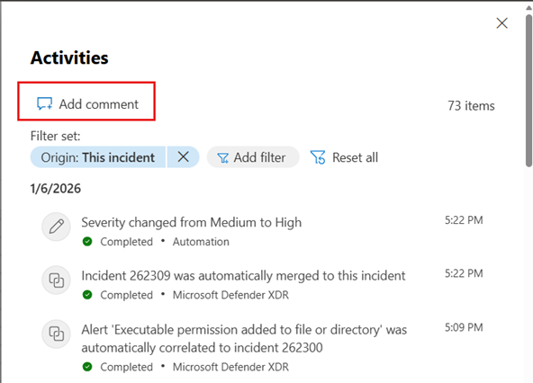 Screenshot showing how to add a comment to an incident.