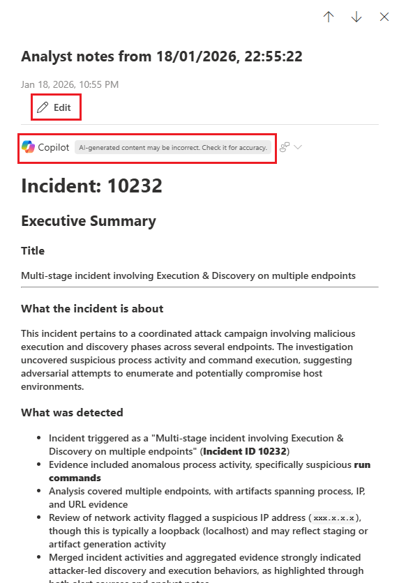 Screenshot of the generated analyst notes from the incident page in the Microsoft Defender portal.