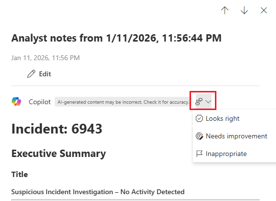 Screenshot showing the feedback option for the generated analyst notes in the Microsoft Defender portal.