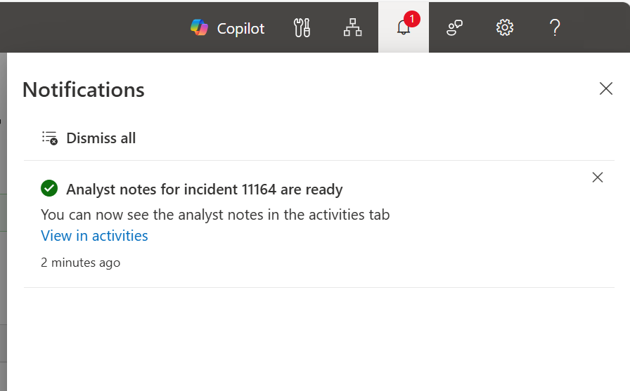 Screenshot showing a notification that says the analyst notes are ready with a link to the activities tab.