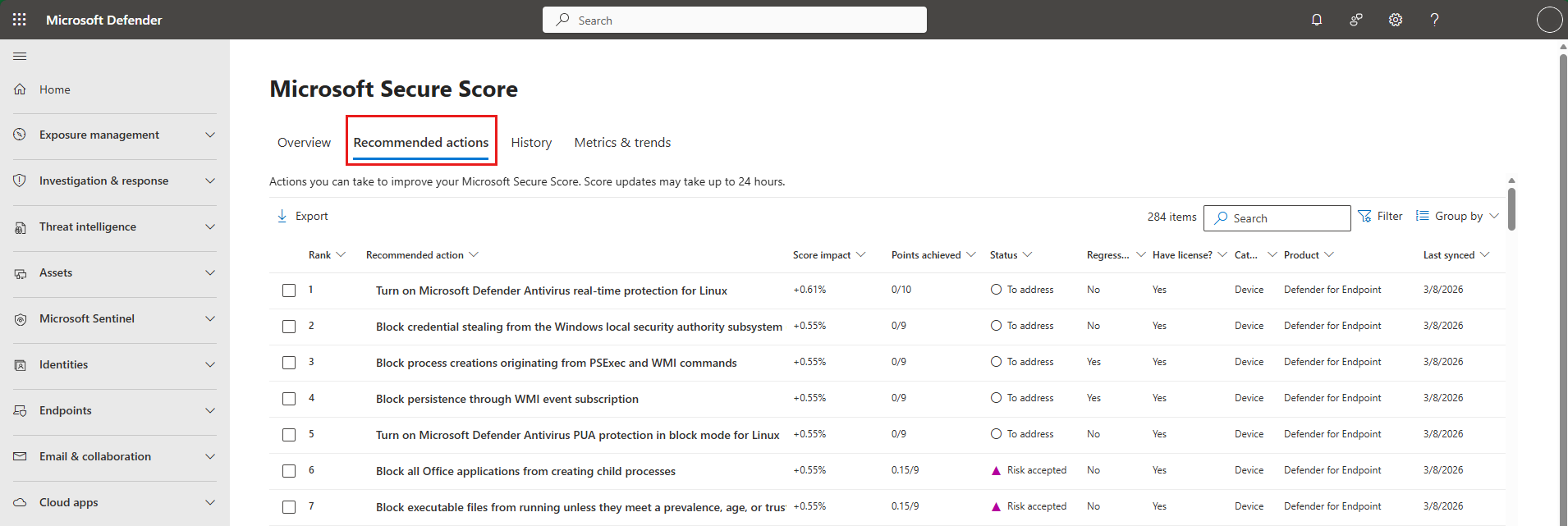 Screenshot showing the Recommended actions tab on the Microsoft Secure Score page.