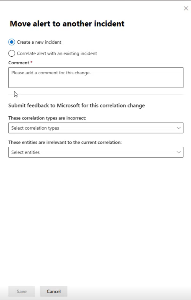 Screenshot of selecting a new incident to move an alert to.