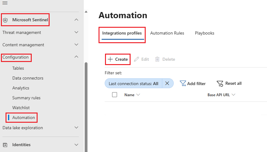 Screenshot of the Integrations profile tab in the Automation page with the Create button highlighted.