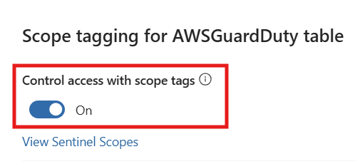 Screenshot of the Scope tagging pane showing Control access with scope tags set to On and Rule status set to Off.