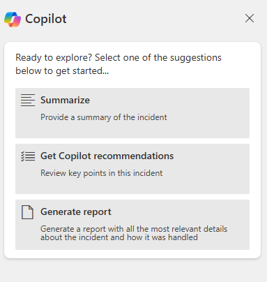 Screenshot that shows the available options in the Copilot tab, including incident summary, recommendations, and report generation.