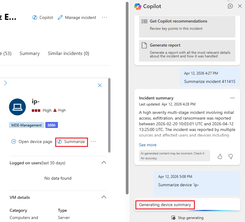 Screenshot that shows the Copilot panel generating a device summary in response to a summarize request in the device page.