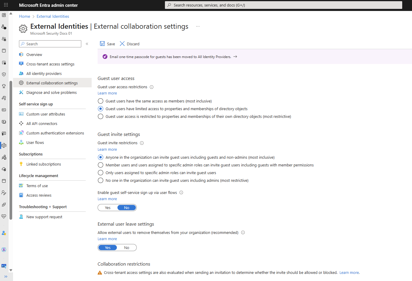 Screenshot of options and entries under External Identities, External collaboration settings.