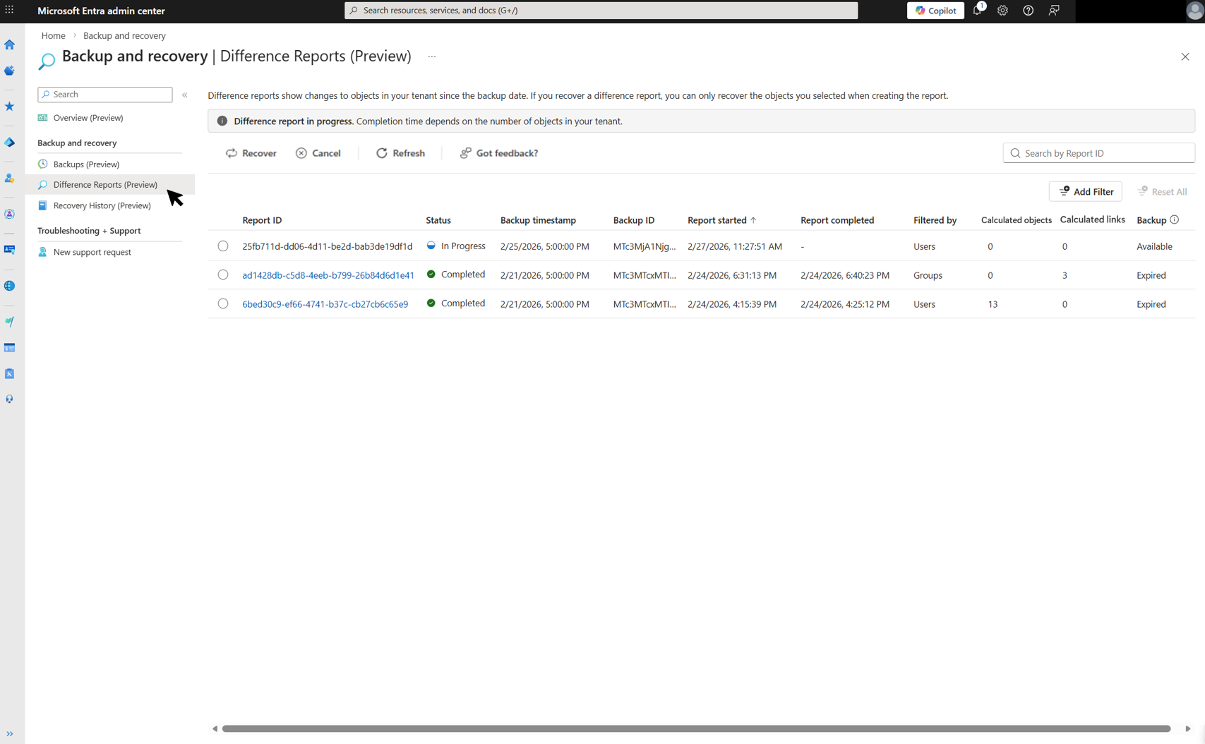 Screenshot of the Difference Reports page showing one report in progress and two completed reports, with the Cancel button visible in the toolbar.
