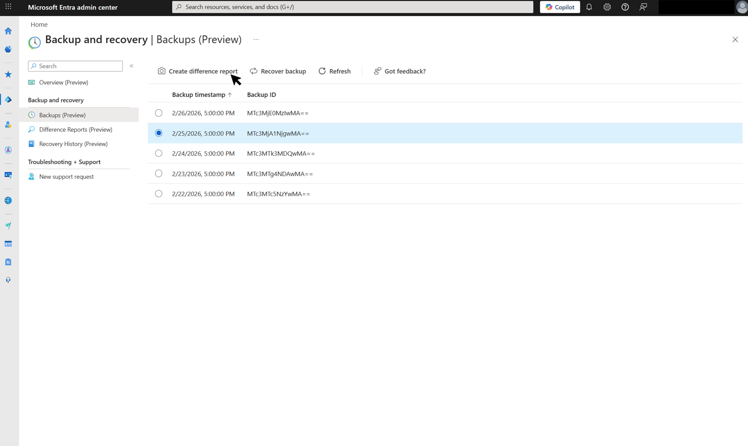 Screenshot of the Backups page showing available backups with a Create difference report button in the toolbar.