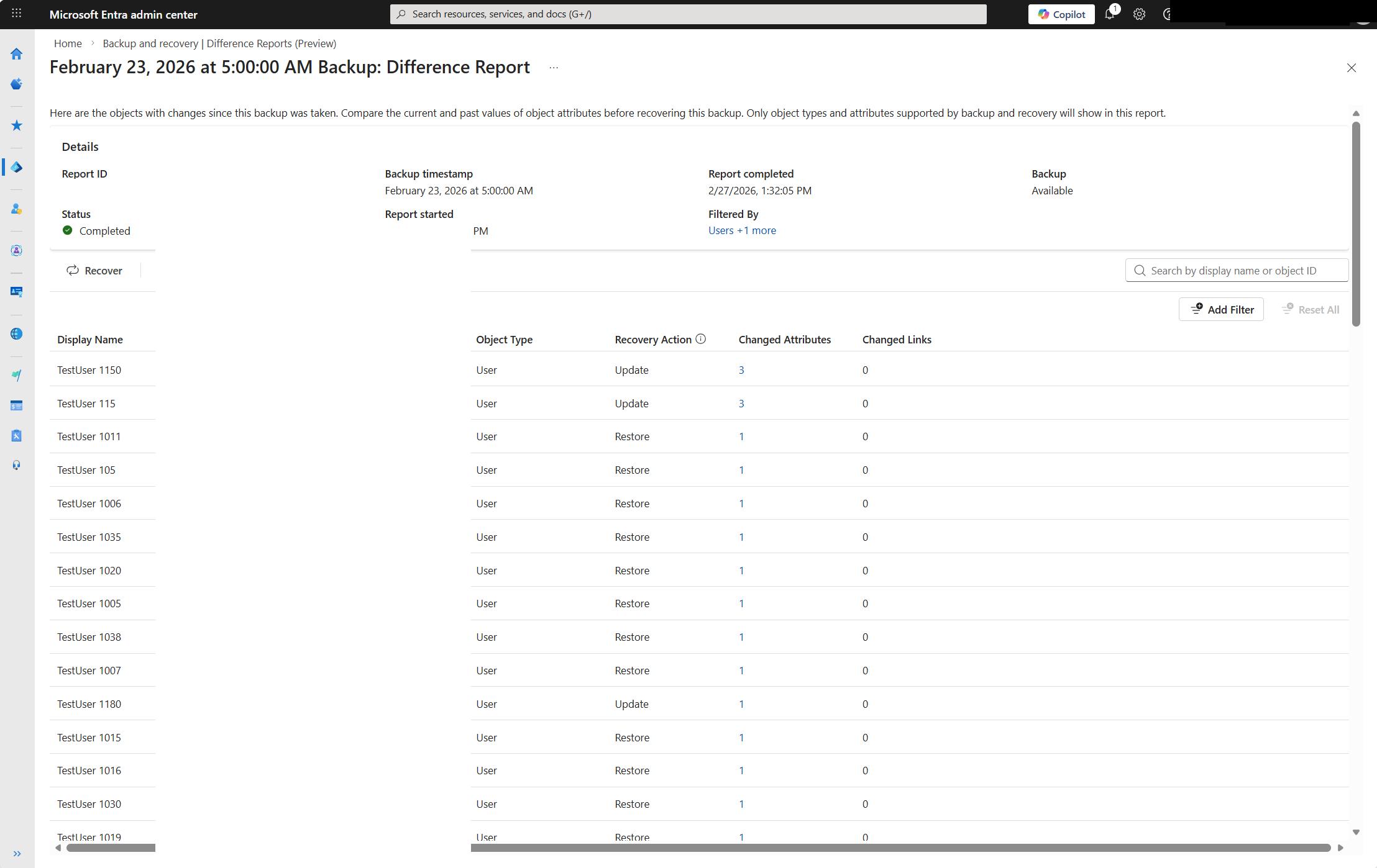 Screenshot of a difference report detail page showing user objects with recovery actions and changed attributes.
