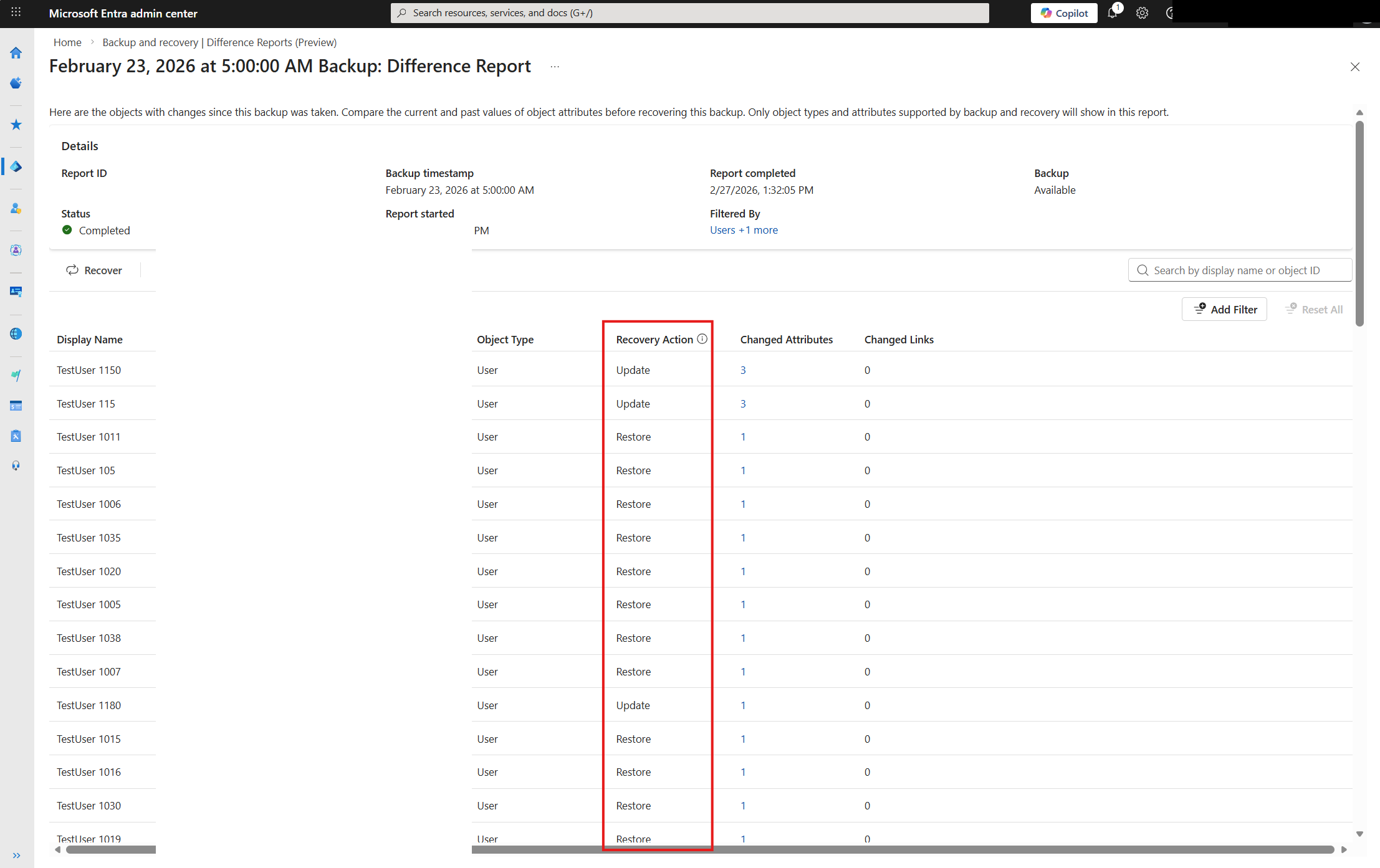 Screenshot of the difference report detail page with the Recovery Action column highlighted, showing Update and Restore actions for each object.
