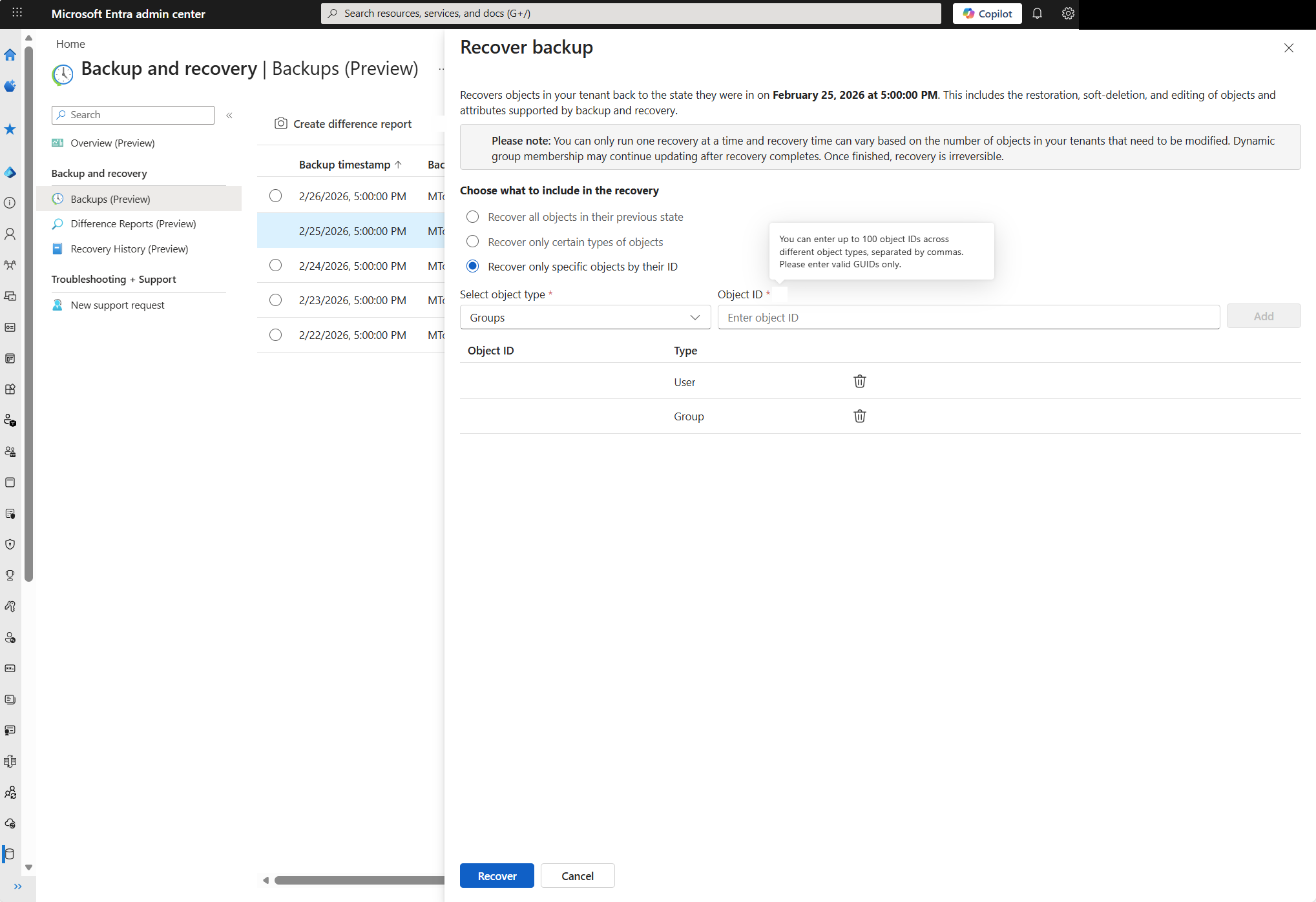 Screenshot of the Recover backup dialog with Recover only specific objects by ID selected and object ID entries shown.