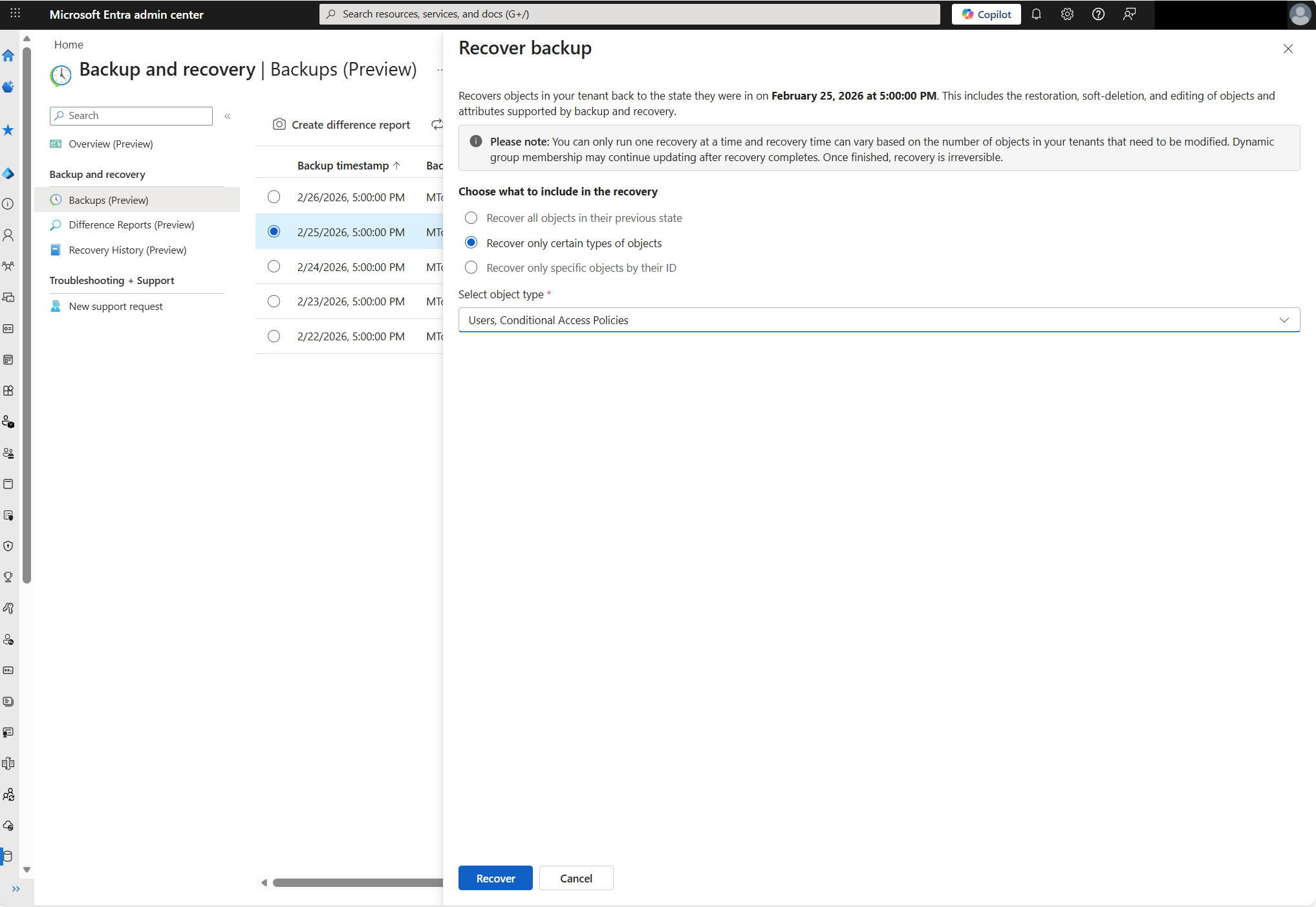 Screenshot of the Recover backup dialog with Recover only certain types of objects selected and type options shown.