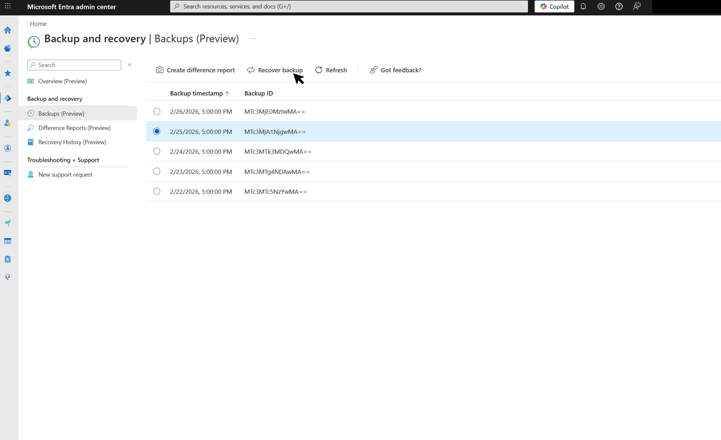 Screenshot of the Backups page with a backup selected and the Recover backup button visible in the toolbar.