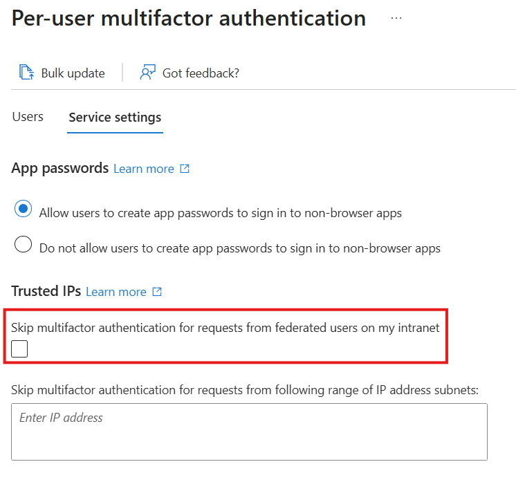 Screenshot showing the enabled property under StrongAuthenticationPolicy.