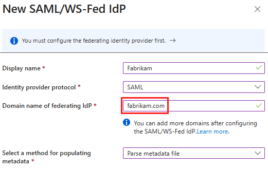 Domain name of federating identity provider used for domain_hint in SAML configuration.