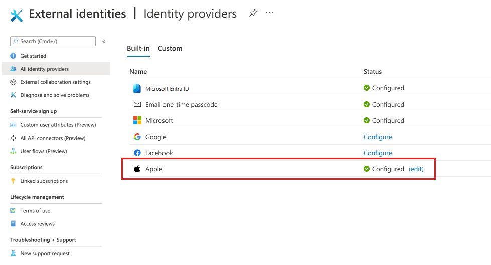 Screenshot of the All identity providers list showing Apple as a configured built-in identity provider.