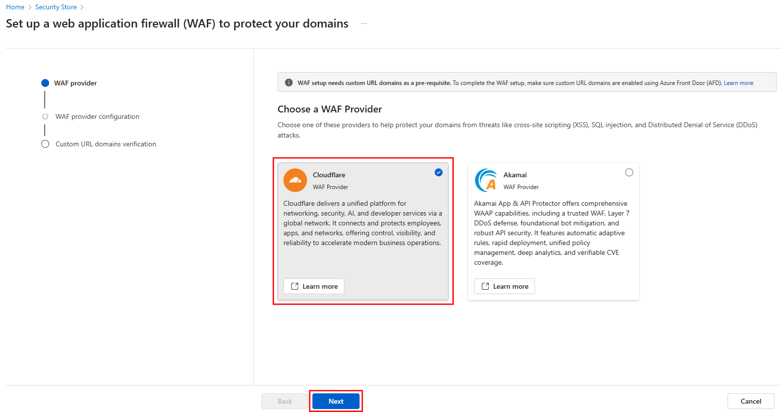 Screenshot of the choose WAF provider page.