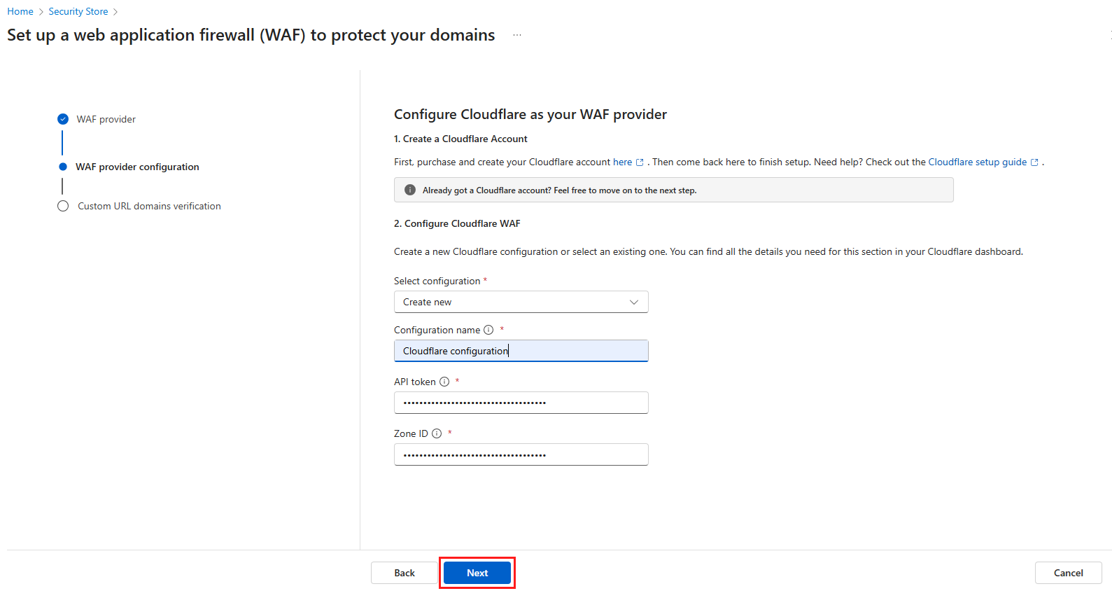 Screenshot of the configure WAF provider page.