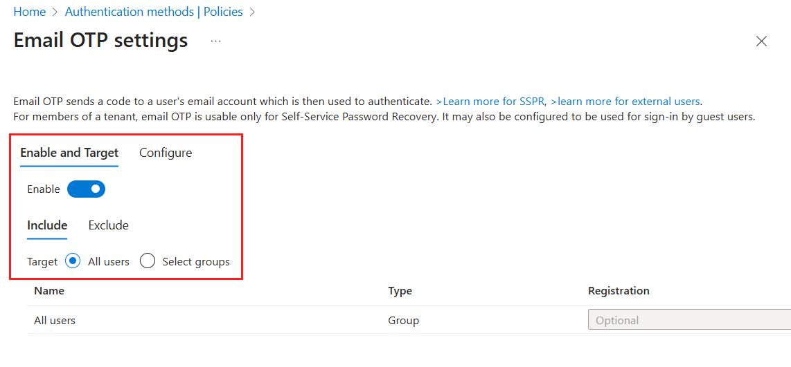 Screenshot of enabling OTP.