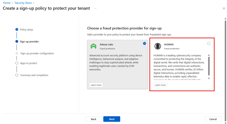 Screenshot showing selecting the HUMAN Security fraud protection provider.