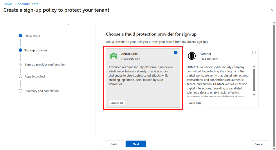 Screenshot showing selecting the Arkose Labs fraud protection provider.