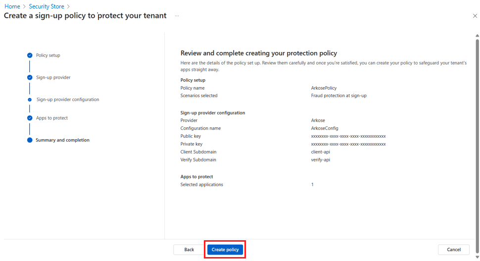 Screenshot showing creating a policy for Arkose Labs.