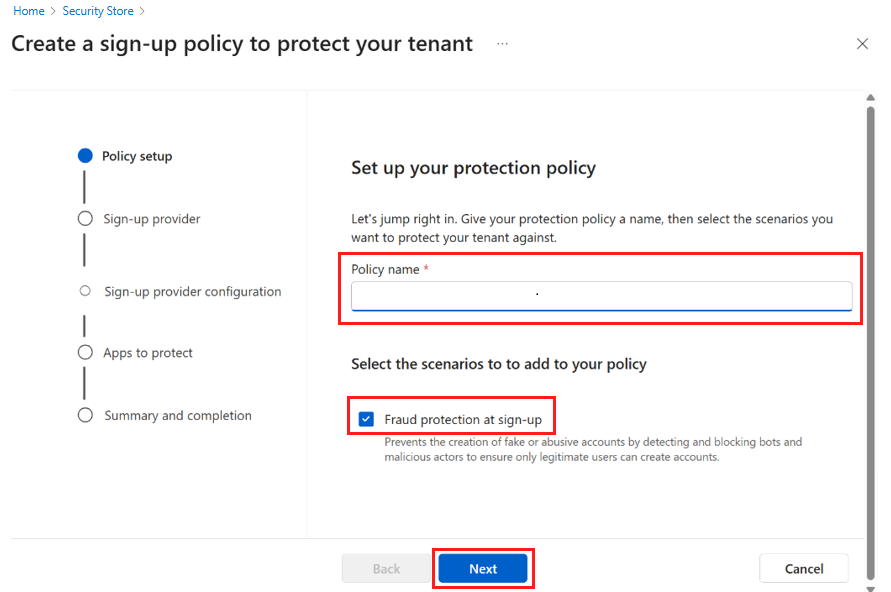 Screenshot showing setting up a protection policy.