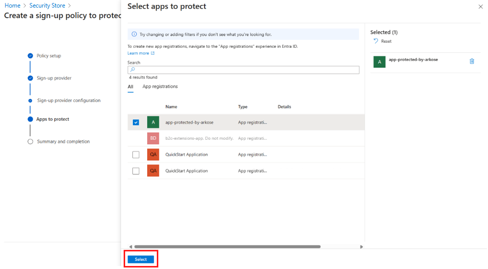 Screenshot showing selecting an application to protect.