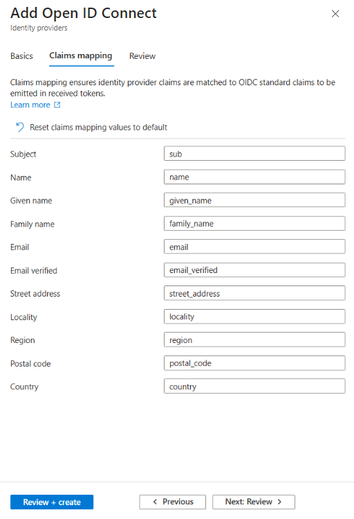 Screenshot of the Configure OpenID Connect identity provider page in the Microsoft Entra admin center, highlighting the Claims mapping section.