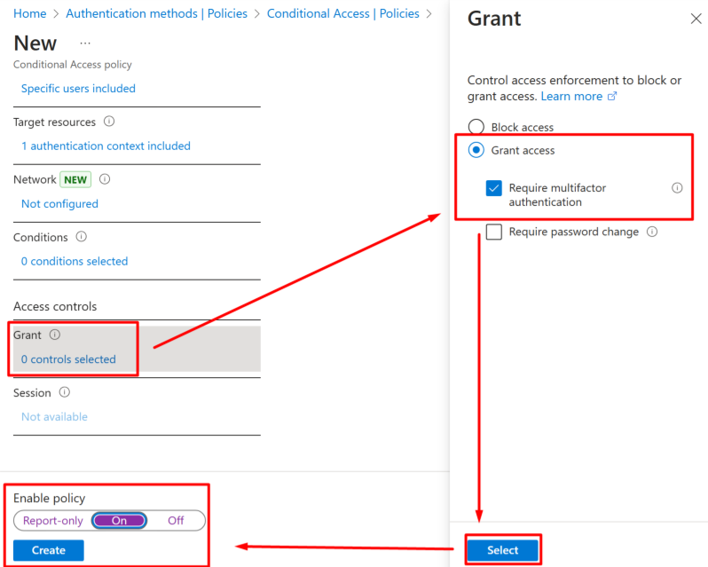 Screenshot showing the grant controls and policy enablement settings.