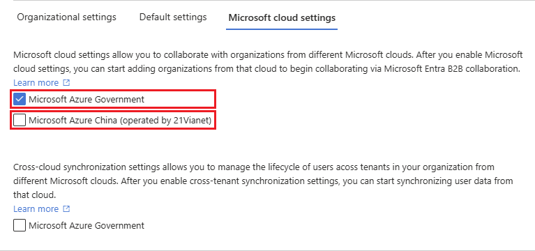 Microsoft cloud settings page with external cloud options selected.