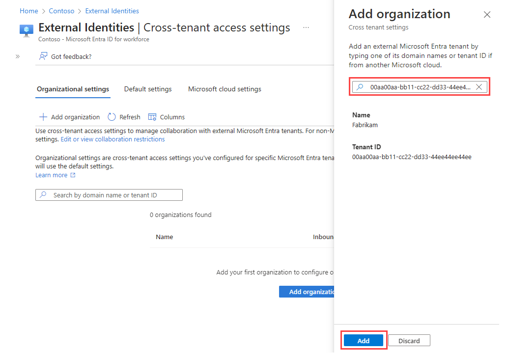 Add organization pane with a cross-cloud tenant ID entered.