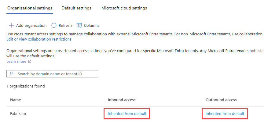 Organizational settings list showing an added organization inheriting default access settings.