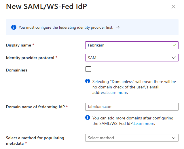 Screenshot showing the new SAML or WS-Fed IdP page.