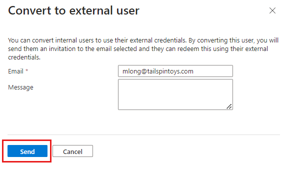 Screenshot of the Convert to external user pane where an external email address is entered before sending the invitation.