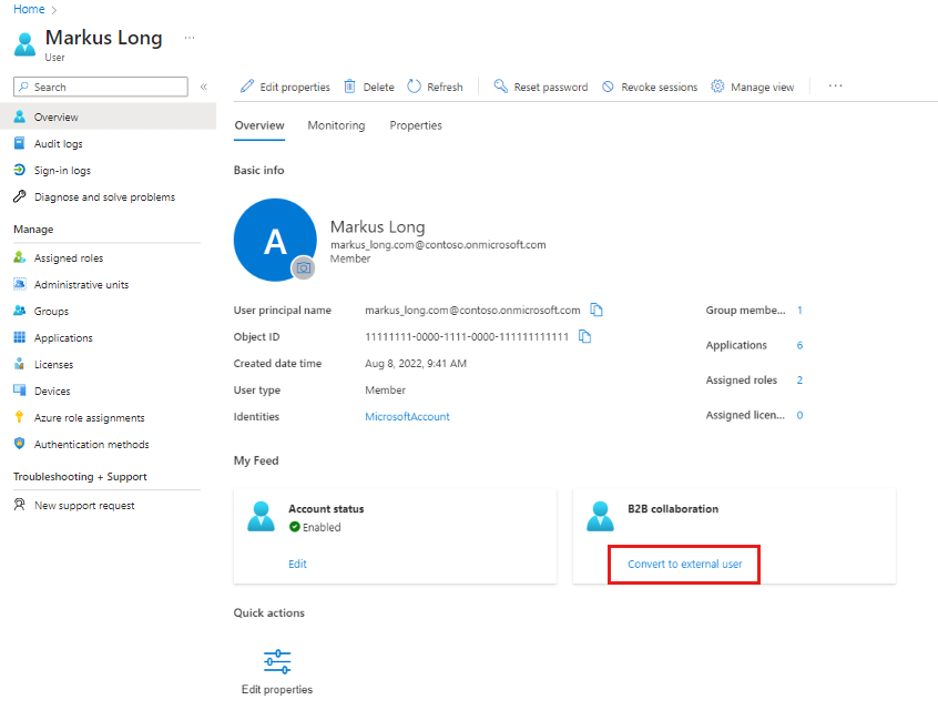 Screenshot of a user profile Overview tab in the Microsoft Entra admin center, with the Convert to external user action shown in the B2B collaboration card.