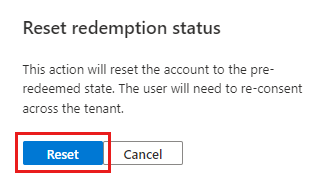 Screenshot of the Reset redemption status pane showing the Reset action that resends the invitation while keeping the guest user object.