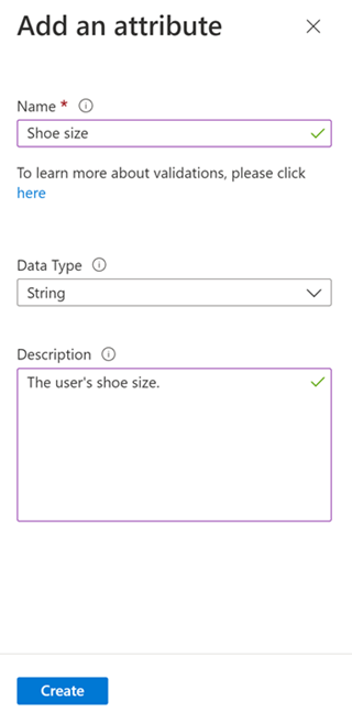 Screenshot of the Add an attribute pane showing Name, Data Type, and Description fields before creating a custom user attribute.