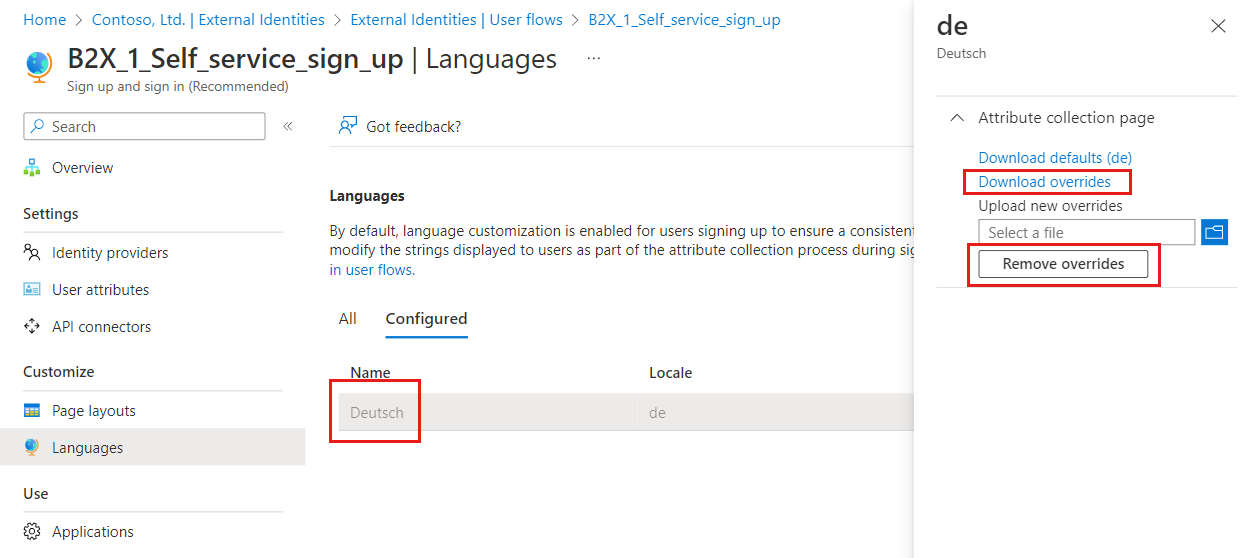 Screenshot of configured language overrides with options to download or remove the override JSON file.